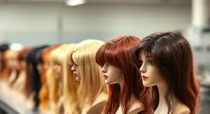 A row of mannequin heads displaying various hair systems in different colors and styles.