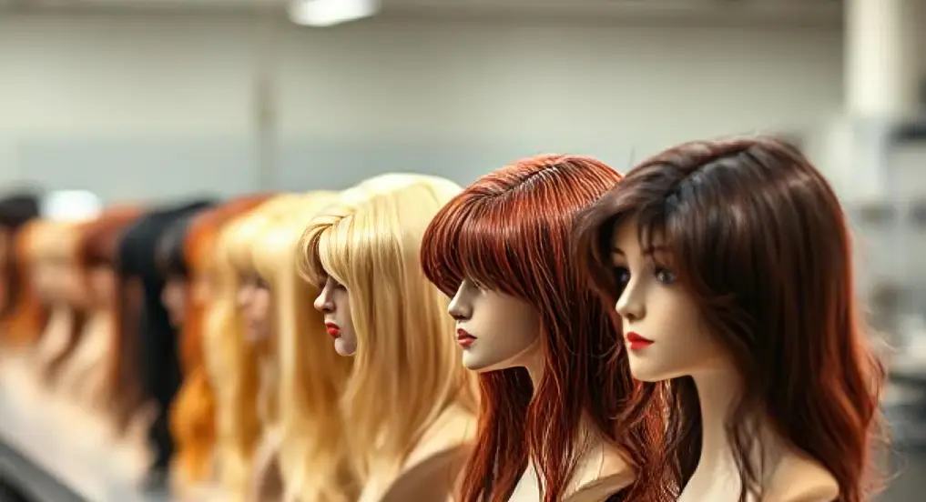 A row of mannequin heads displaying various hair systems in different colors and styles.