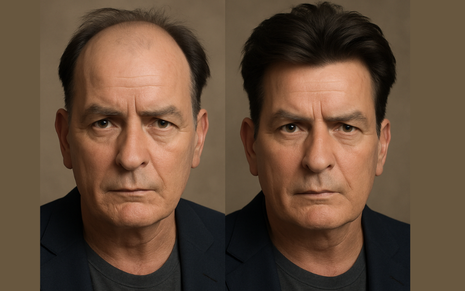 Charlie Sheen before and after non surgical hair replacement
