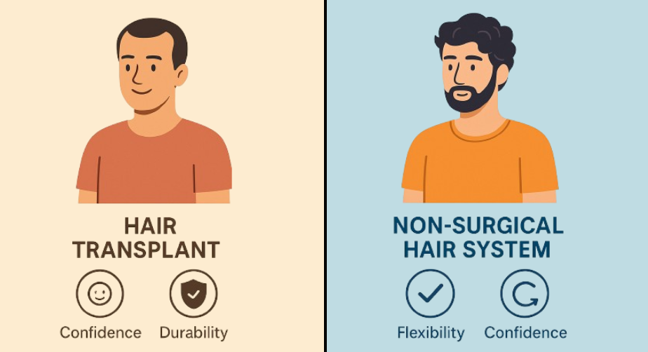 illustration of A comparison of non-surgical hair systems versus hair transplants, highlighting their respective benefits.
