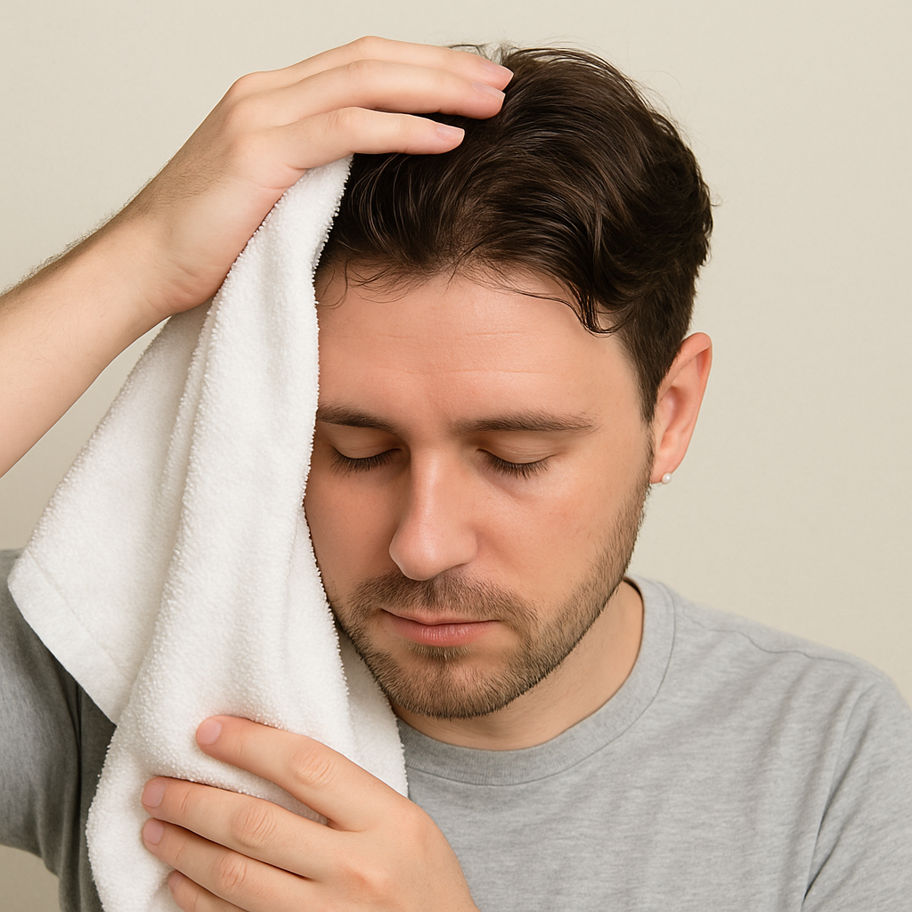A simple, clear photo of a person gently patting their hair system dry with a towel, demonstrating the 'pat, don't rub' technique