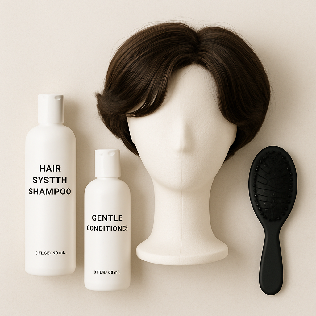 A clean, stylish flat-lay photo of hair system care products: a bottle of special shampoo, a gentle conditioner, and a detangling brush, arranged next to a hair system on a white mannequin head stand. This visually reinforces the concept of "care and maintenance."