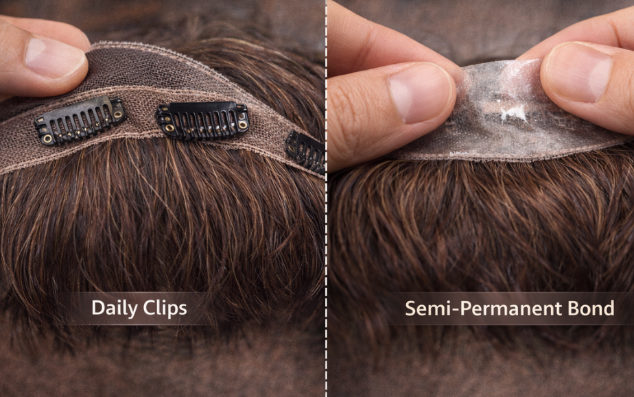 picture differentiating daily clips vs. Semi-Permanent Bonds on hair system vs toupee vs wig