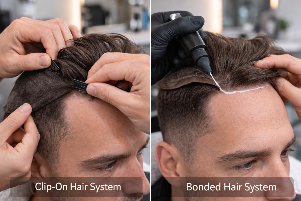 Picture comparing Clip-on Hair systems vs. Glue Hair systems