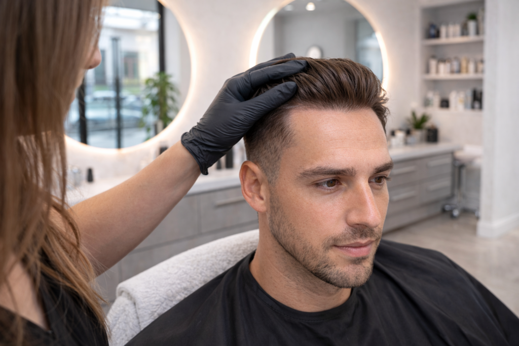 Stylist assessing a client's hairline