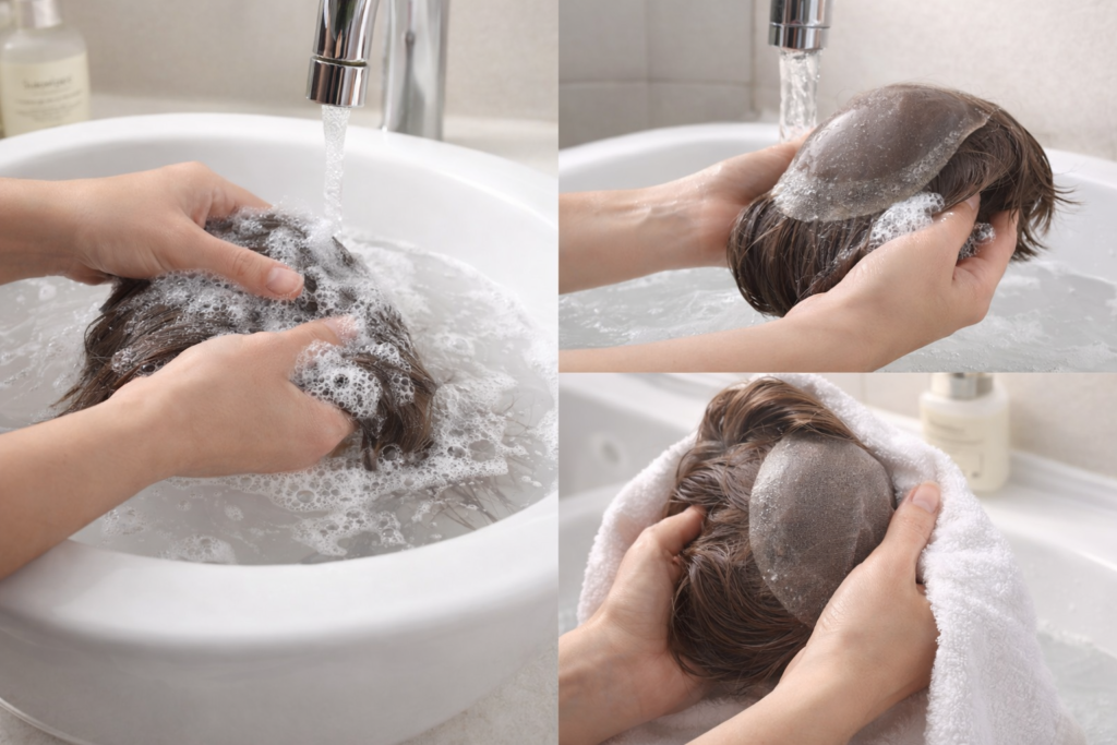 Showing how to wash a hair system.