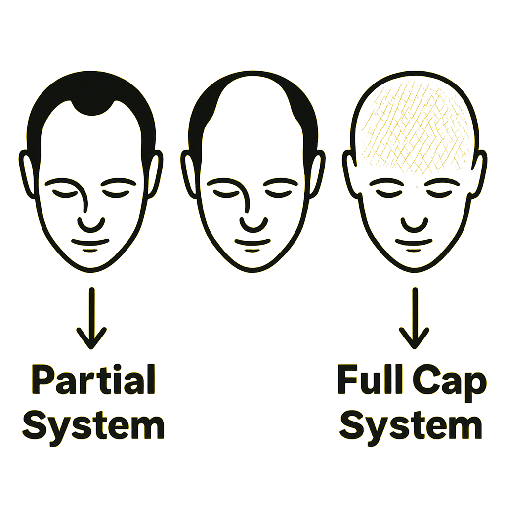A simple, clean graphic showing three heads side-by-side. The first shows a receding hairline, the second a bald spot on the crown, and the third shows diffuse thinning across the entire top of the scalp.