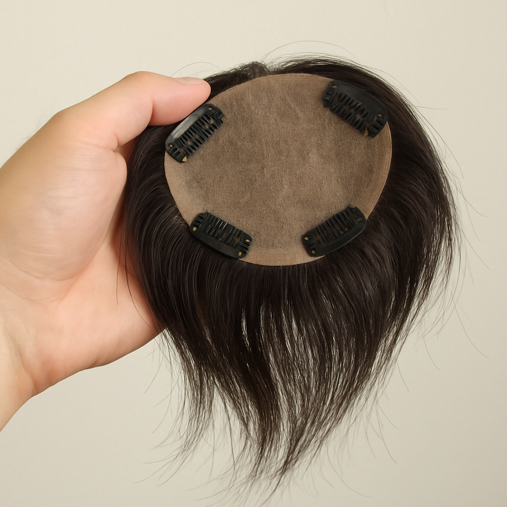 A simple photo showing a hand holding a clip-on hair system, with the small pressure-sensitive clips on the underside clearly visible