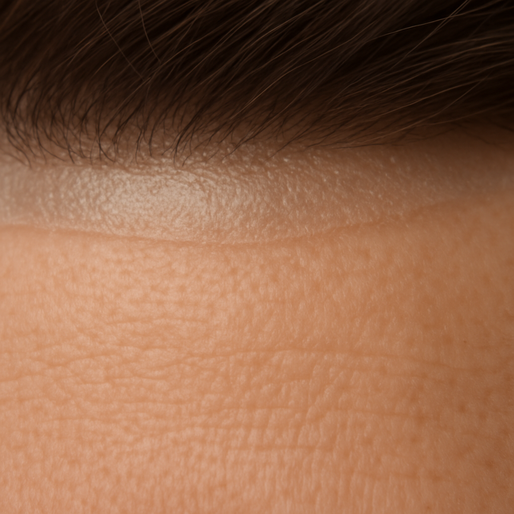 An extreme close-up of a high-quality, ultra-thin polyurethane hairline on a person's forehead, showing poly vs.  lace hair system