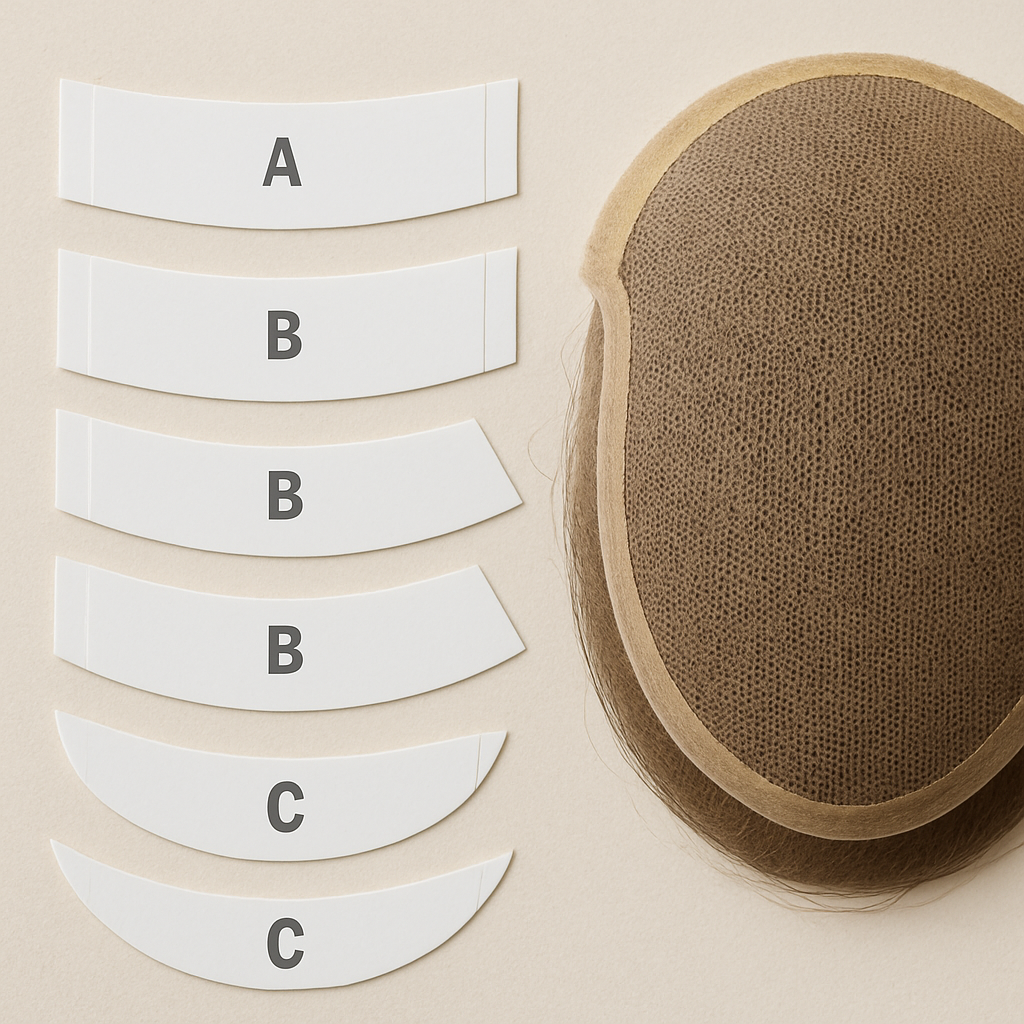 A close-up photo of various precut tape contour strips laid next to a lace hair system base.