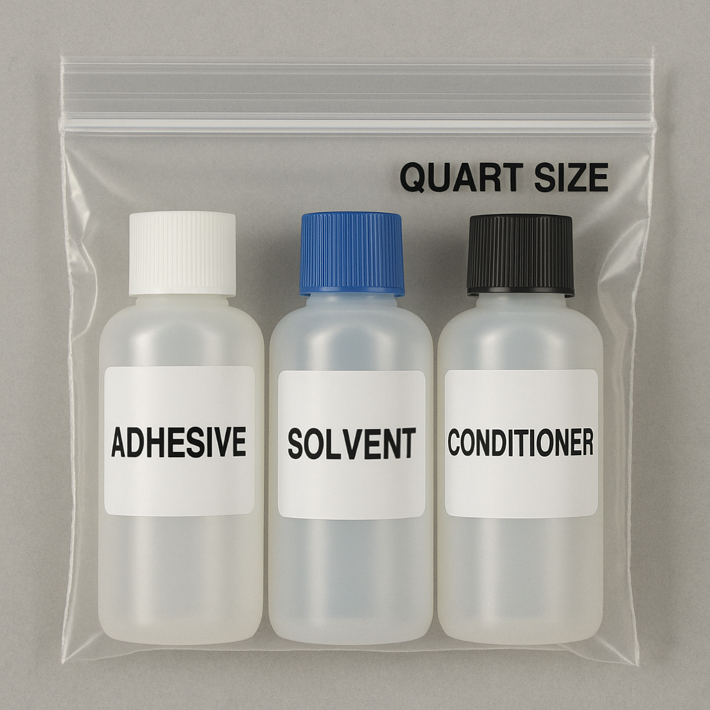 A clear, quart-sized plastic bag containing three small bottles labeled 'Adhesive', 'Solvent', and 'Conditioner' used for wig.