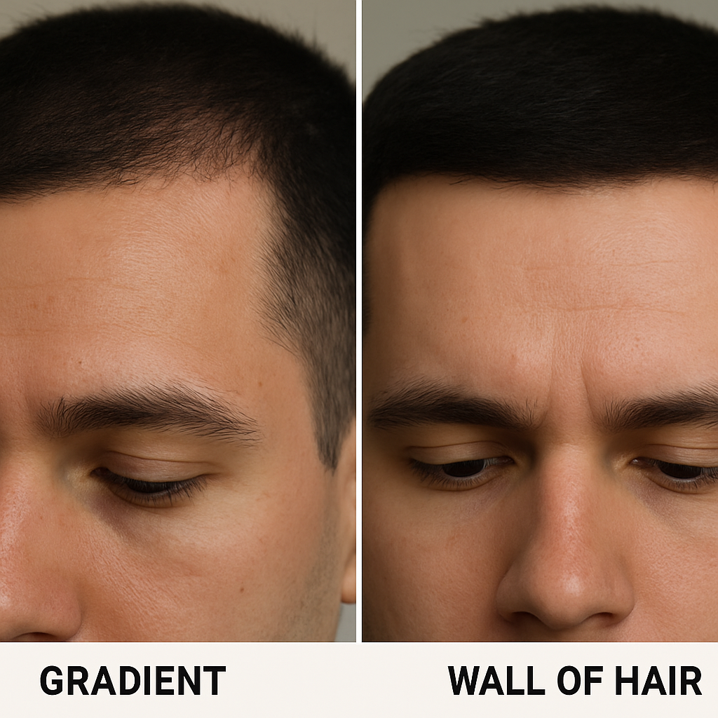 A close-up of a professional 'gradient' hairline where the hair density looks natural vs. a 'wall of hair' effect typical of bad DIY.