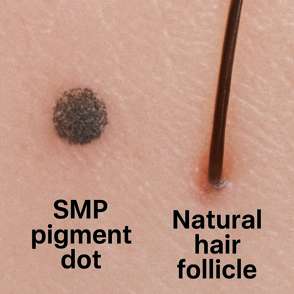 A side-by-side close-up showing a single SMP pigment dot next to a real natural hair follicle to demonstrate size similarity.