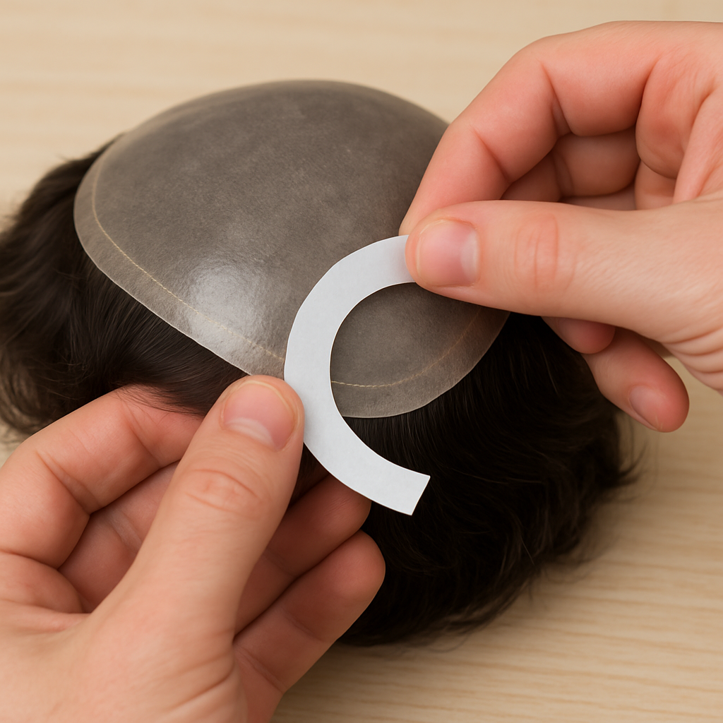A simple, clear photo showing hands applying a pre-cut C-shaped hairpiece adhesive tape contour to the hairline edge of a hair system base.