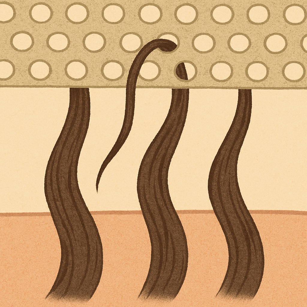 A close-up, simple illustration of a few strands of natural hair being gently threaded through a mesh hole to show the integration.