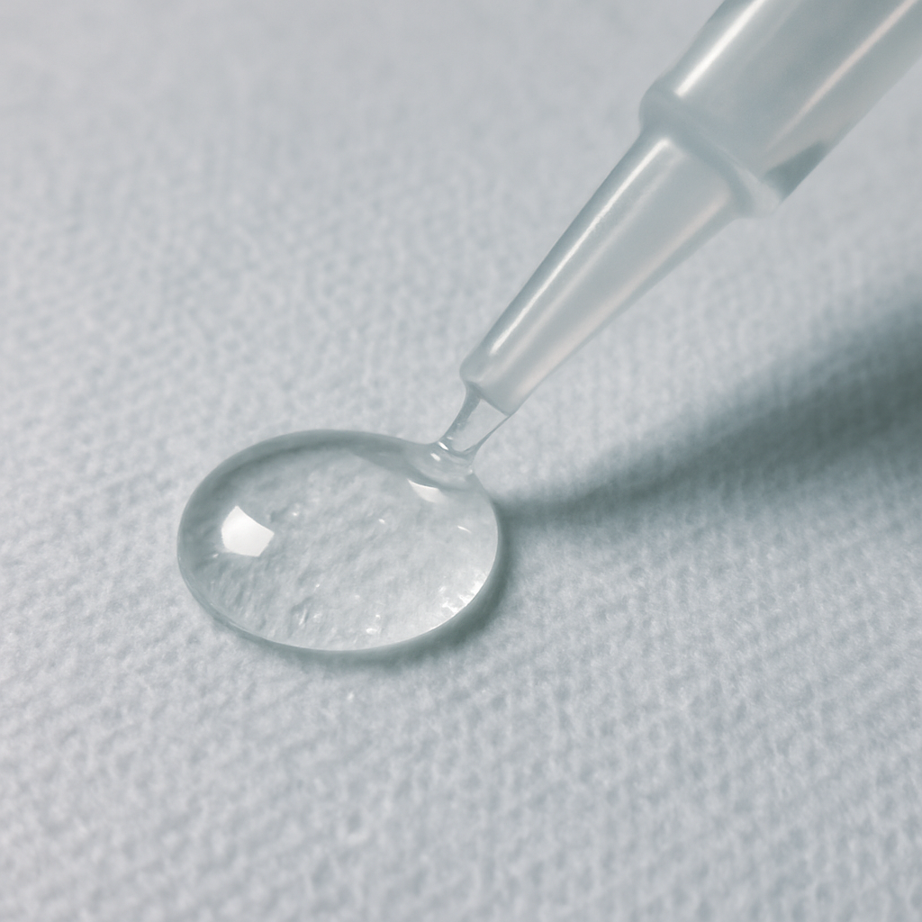 A small drop of clear liquid adhesive being spread on a sterile surface to show its transparent, glue-like consistency