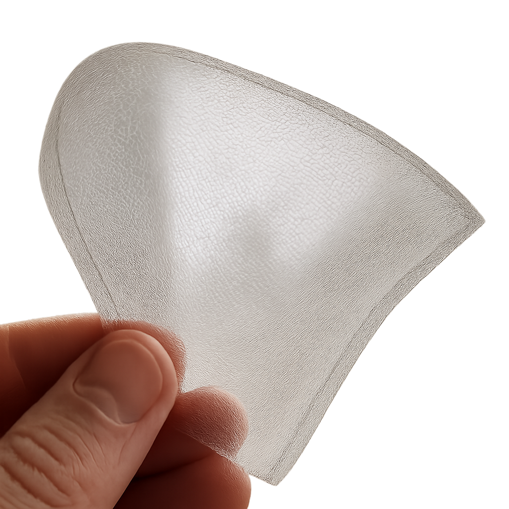 An ultra-thin 'poly' or 'lace' base being held up to light to show transparency.