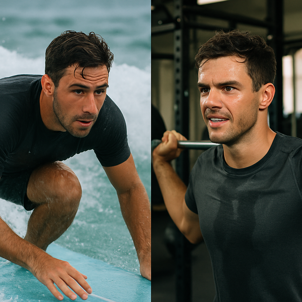 A person surfing or at the gym, showing the hair system remains perfectly intact despite sweat and water.