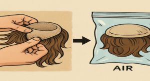 An illustration showing a hair system being turned inside out so the base protects the hair, then placed in a bag with a small amount of air.