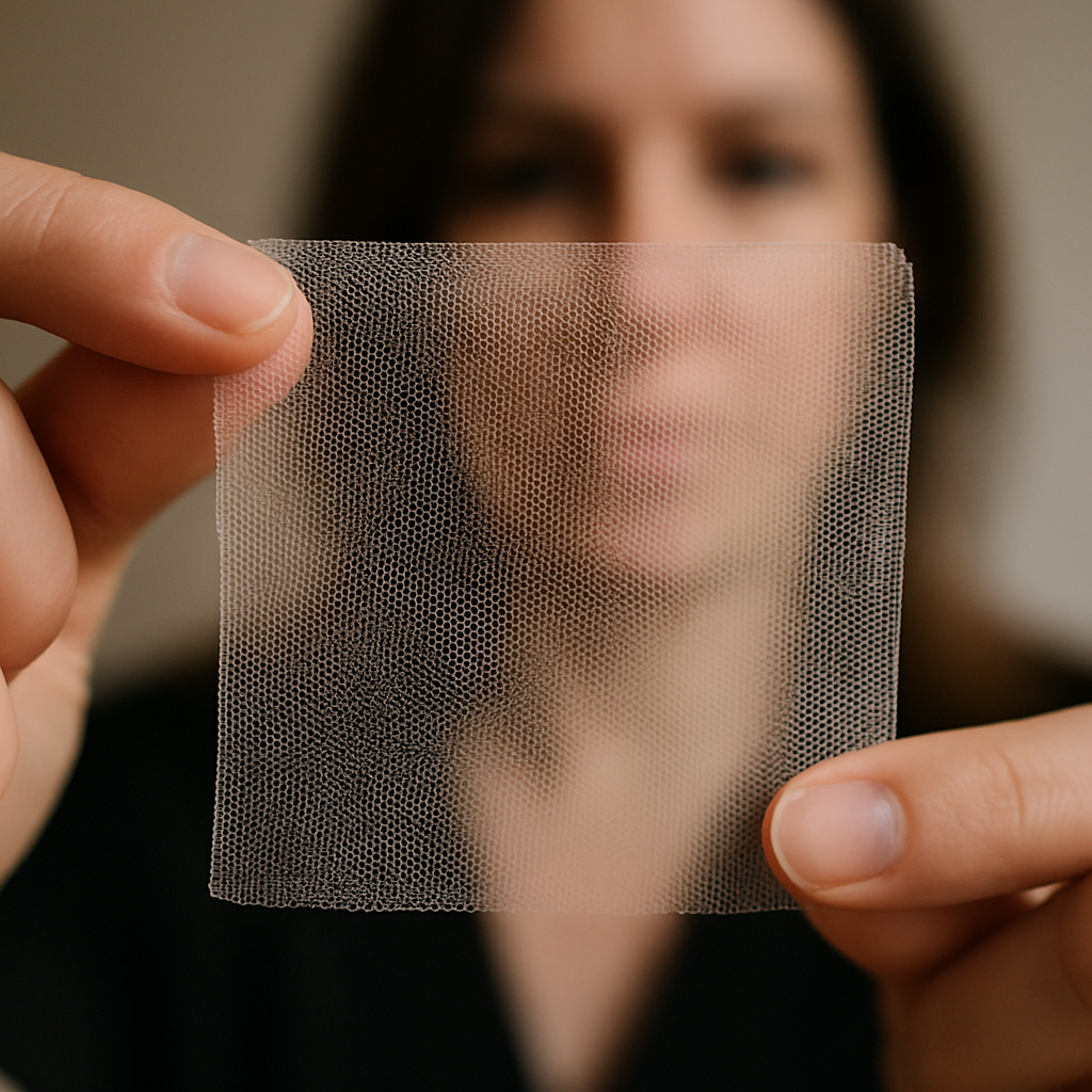 Close-up of a delicate, ultra-thin hypoallergenic mesh being held by a stylist to show transparency.