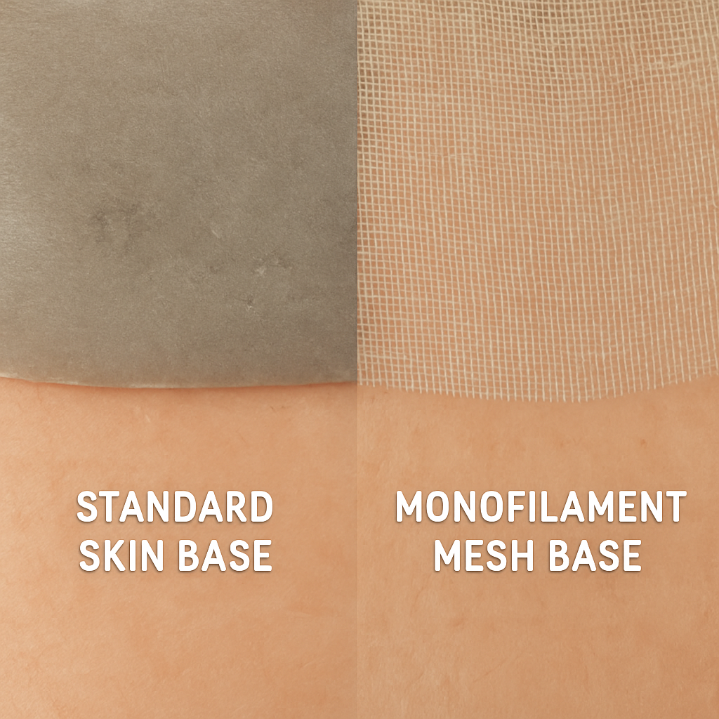 A close-up side-by-side photo of a standard skin base versus a monofilament mesh base placed against human skin to show transparency.