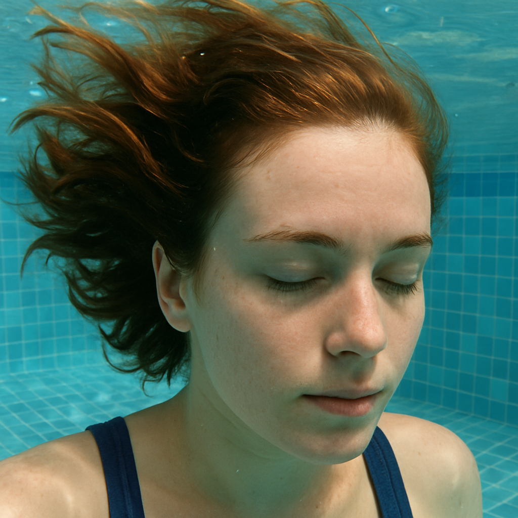 A close-up of a person underwater in a swimming pool, their hair moving naturally and the hairline remaining perfectly secured to the scalp.