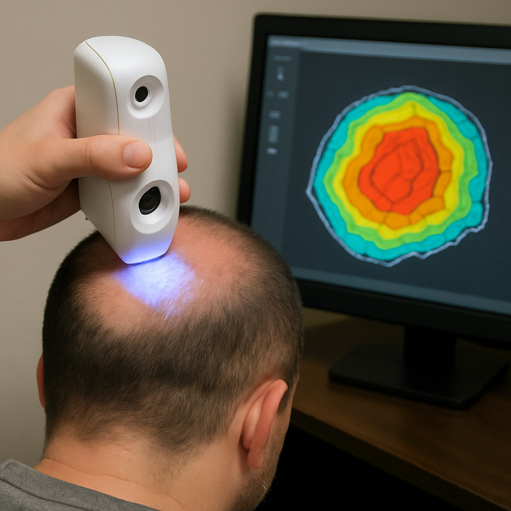 3D scalp scan with handheld device, showing contour mapping on screen and highlighting CNC benefits.