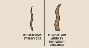 A simple side-by-side illustration. On the left, a flat, limp hair strand labeled "Weighed Down by Heavy Oils." On the right, a visibly thicker, plumped-up hair strand labeled "Plumped from Within by Lightweight Hydrators."