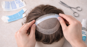A picture showing tape being attached to a hairpiece.