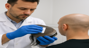 A professional technician in a clean, clinical setting carefully cleaning a CNC base while the client's natural scalp is being treated.