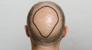 A top-down view of a head covered in clear plastic wrap with a black marker line tracing the desired hair system boundary.