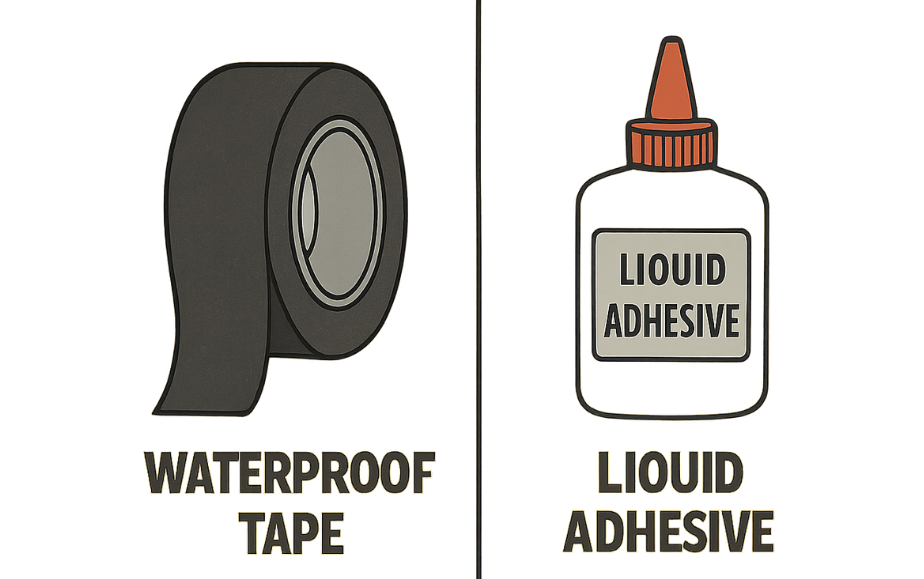 A split-screen graphic showing a roll of waterproof tape on one side and a bottle of liquid adhesive.
