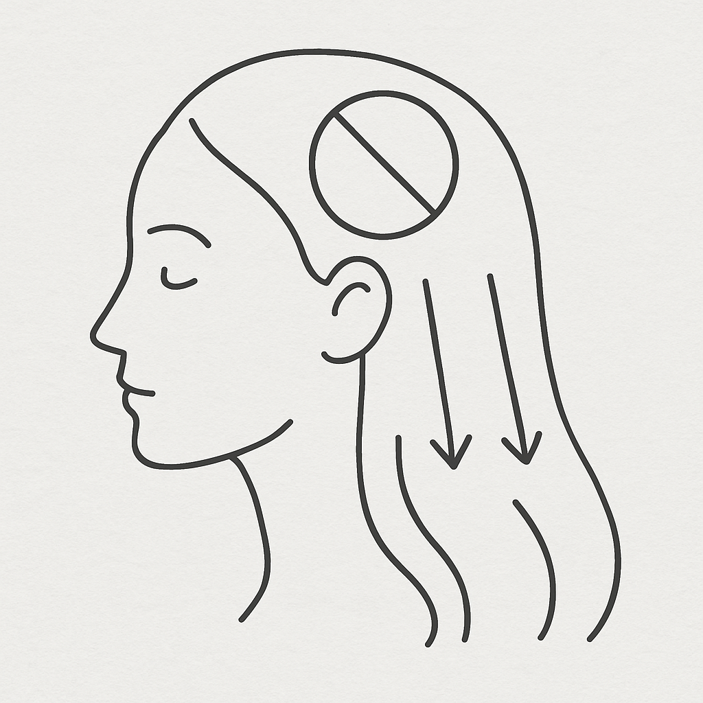 A simple line drawing of a head in profile. Arrows show product being applied only from the mid-lengths (around ear-level) down to the ends, with a clear "no" symbol over the root/scalp area