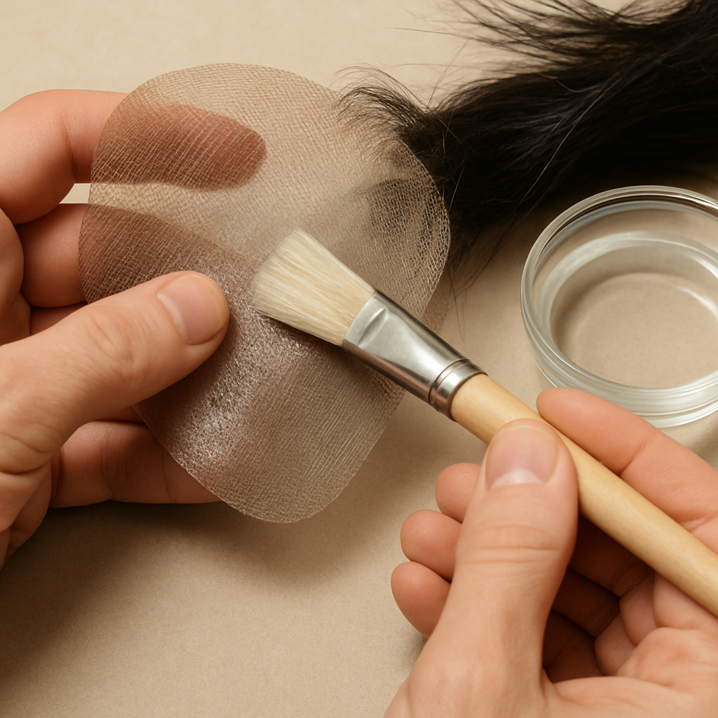 A person using a soft brush and specialized solvent to gently clean the underside of a lace base