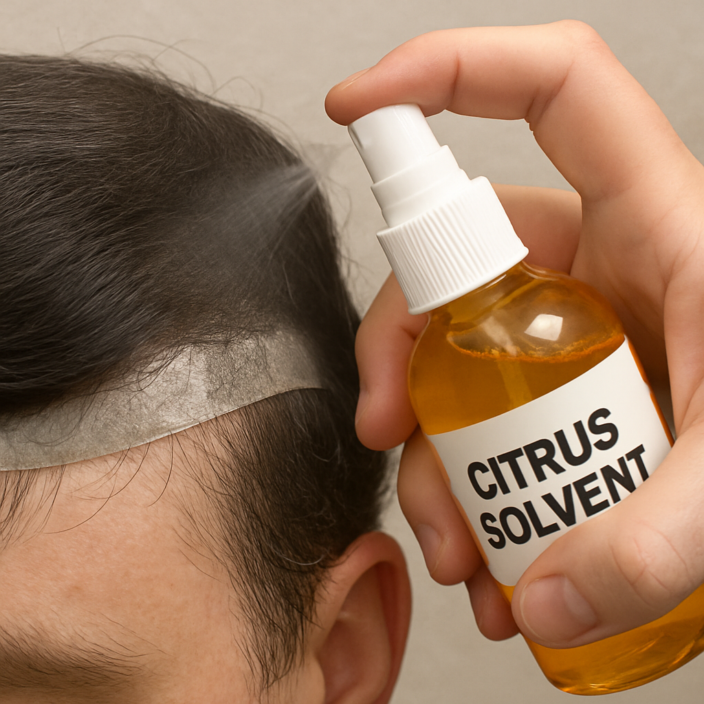 A bottle of citrus solvent being sprayed onto the edge of a hair system where it meets the skin.