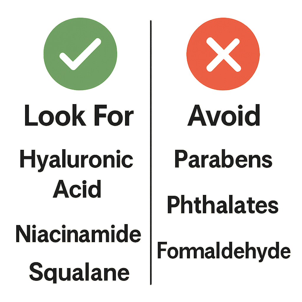 A simplified graphic with two columns. The left column has a green checkmark icon and is titled "Look For." The right column has a red X icon and is titled "Avoid." Each column has 2-3 simple ingredient names listed below it