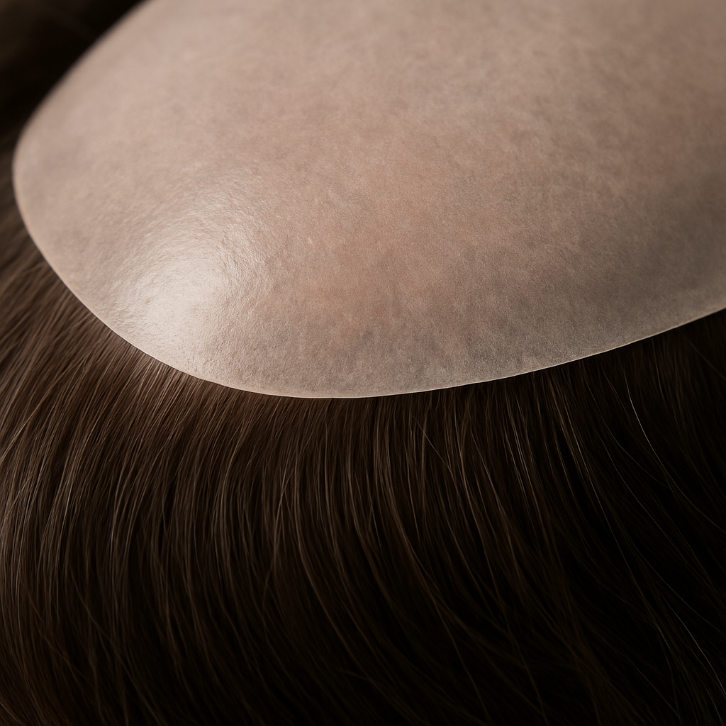 A close-up of a modern, thin-skin hair system toupee base to show how it mimics the appearance of a natural scalp.