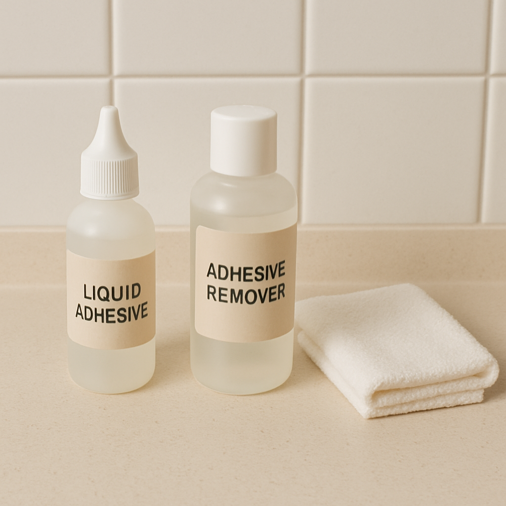 A clean, simple image showing essential maintenance items: a bottle of skin-safe liquid adhesive, a bottle of adhesive solvent/remover.